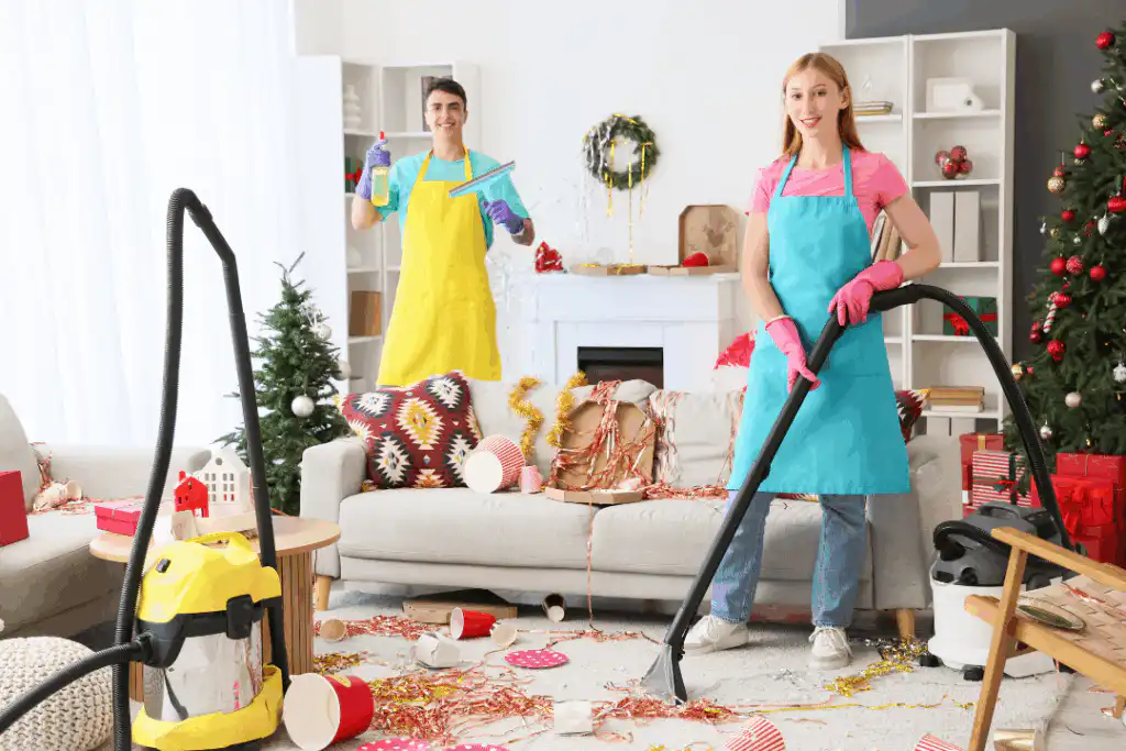 things people forget to clean during New Year reset. cleaning team cleaning up after party
