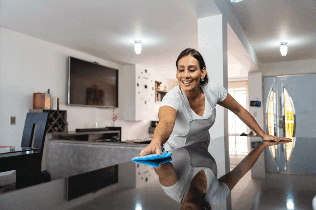 Professional maid wiping a glossy kitchen island during a detailed residential deep cleaning service.